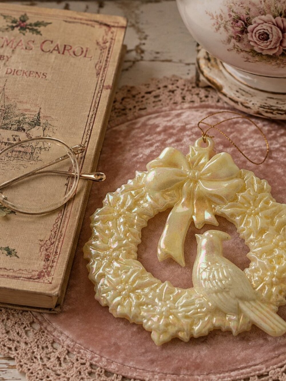 Vintage Iridescent Pearl Wreath & Bird Christmas Ornament 3.25” Estate Find